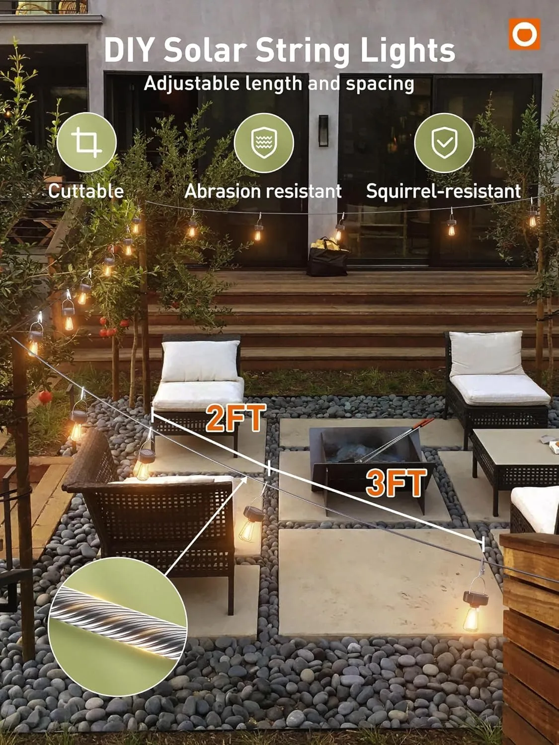 addlon Solar Lights Outdoor Waterproof 8 Packs, Solar Powered Lights for Outside DIY for Fence Deck Patio Garden Porch Lantern Post Backyard Decor Dusk to Dawn Hanging String with 50FT Steel Rope
