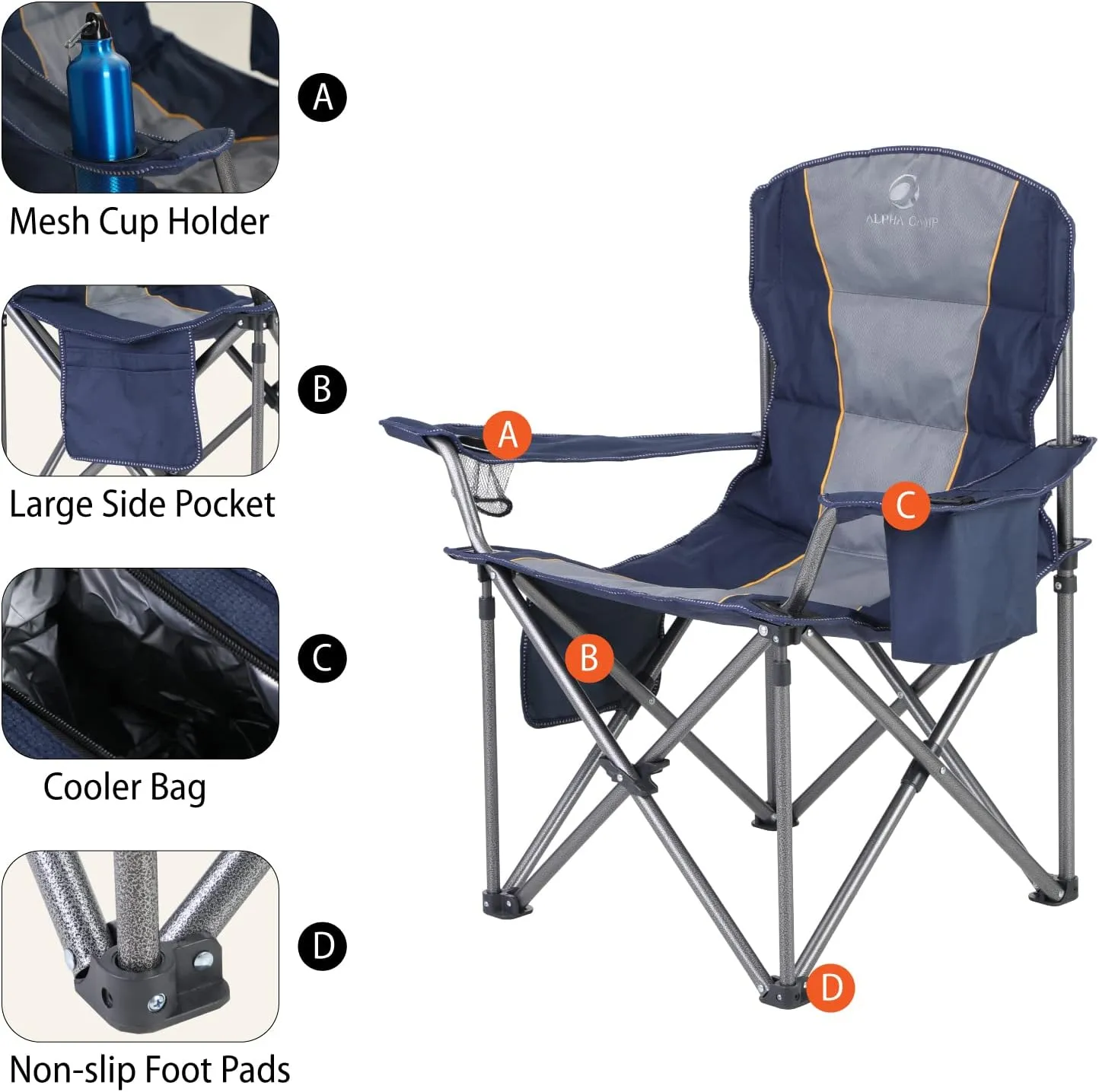 ALPHA CAMP Oversized Folding Camping Chair, Heavy Duty Portable Lawn Chairs with Cooler Bag, Side Pocket & Cup Holder, Folding Chairs for Outside Support 450 LBS