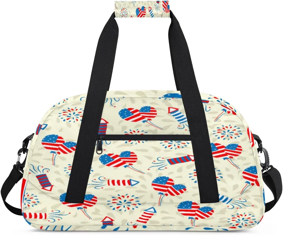 American Flag Gym Duffel Bag for Men Women Balloon Firework Sports Tote Bag with Adjustable Shoulder Strap for Dance Gymnastics Traveling Outdoor Camping Overnight Stay