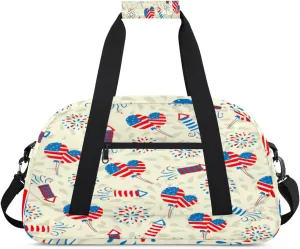 American Flag Gym Duffel Bag for Men Women Balloon Firework Sports Tote Bag with Adjustable Shoulder Strap for Dance Gymnastics Traveling Outdoor Camping Overnight Stay