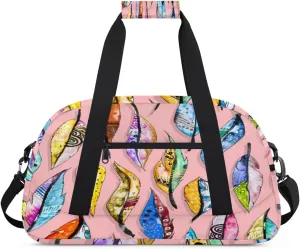 Animal Feather Gym Duffel Bag for Men Women Colorful Painting Sports Tote Bag with Adjustable Shoulder Strap for Dance Gymnastics Traveling Outdoor Camping Overnight Stay