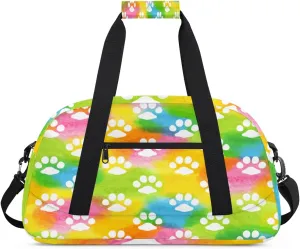 Animal Paw Print Gym Duffel Bag for Men Women Rainbow Colors Sports Tote Bag with Adjustable Shoulder Strap for Dance Gymnastics Traveling Outdoor Camping Overnight Stay