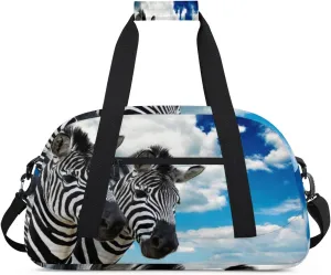 Animal Zebra Gym Duffel Bag for Men Women Blue Sky Pattern Sports Tote Bag with Adjustable Shoulder Strap for Dance Gymnastics Traveling Outdoor Camping Overnight Stay
