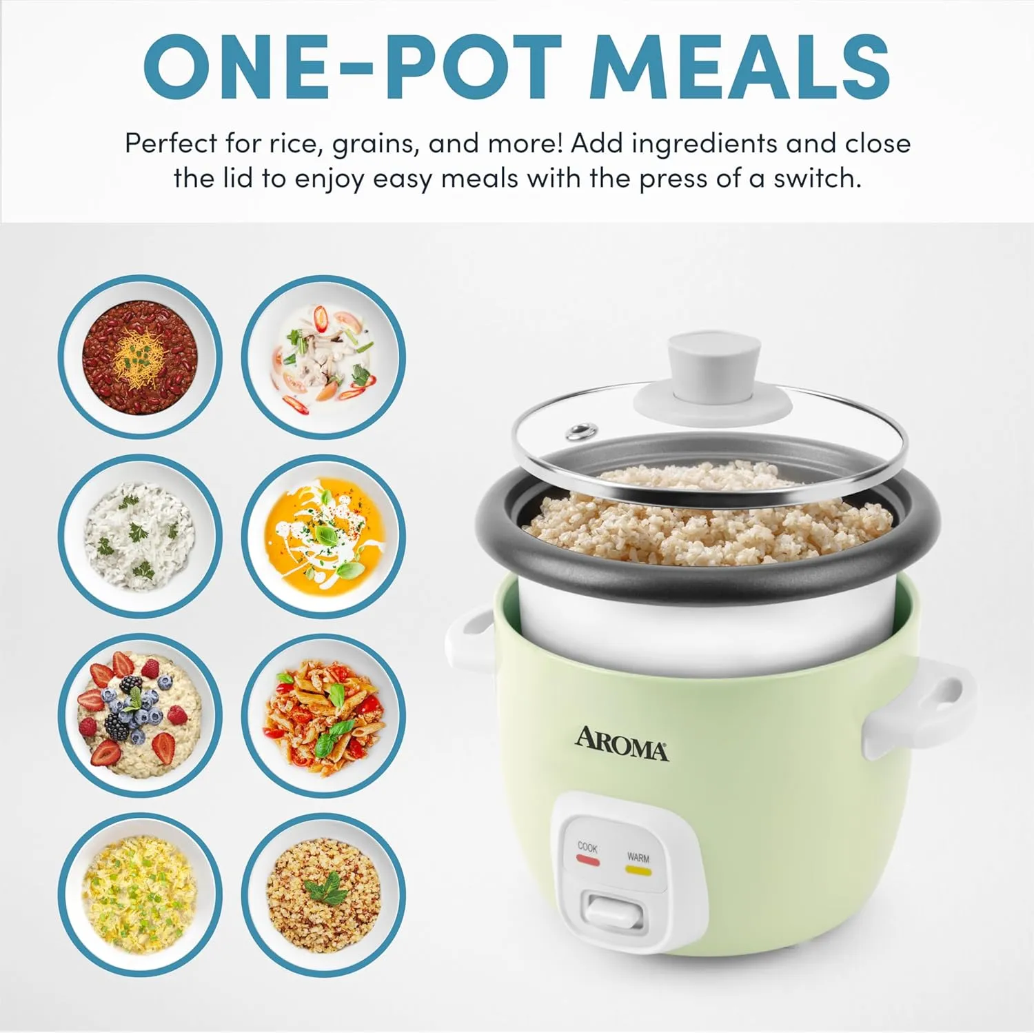 AROMA® Mini Rice Cooker, 2-Cup (Uncooked) / 4-Cup (Cooked), Grain Cooker, Soup Maker, Oatmeal Cooker, Auto Keep Warm, 1 Qt, Light Green