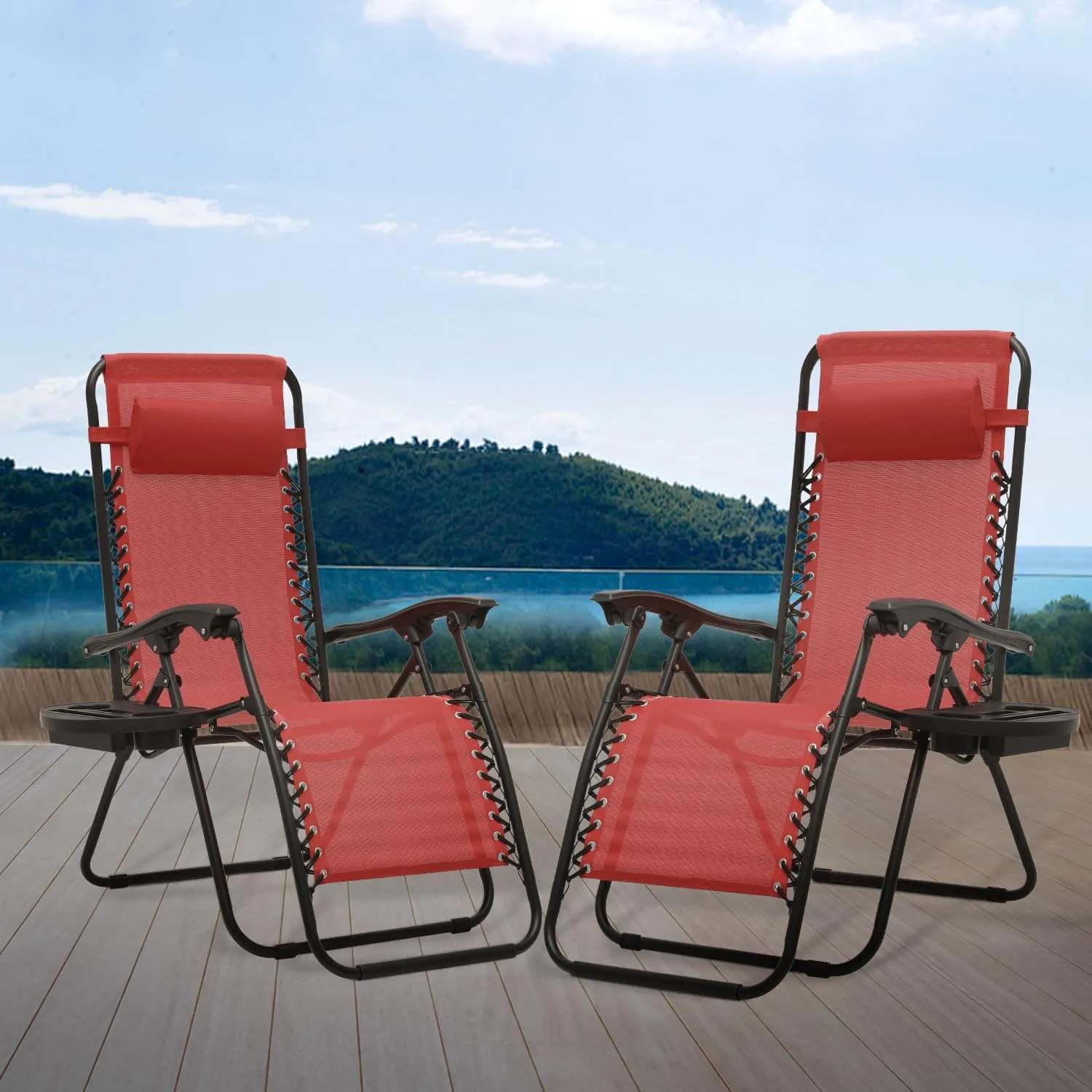 Athena Collection Zero Gravity Chair, Outdoor Lounge Chair with Adjustable Pillow and Cup Holder, Reclining Camping Chair for Outside Beach Lawn Garden Patio Poolside Set of 2- Maroon