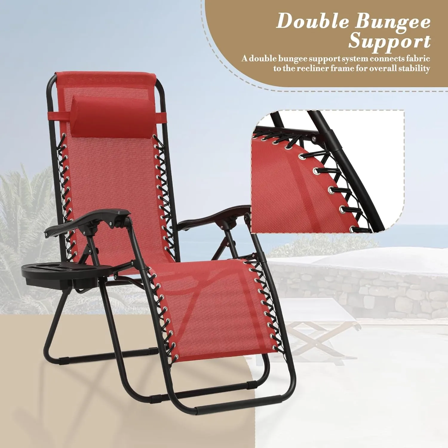 Athena Collection Zero Gravity Chair, Outdoor Lounge Chair with Adjustable Pillow and Cup Holder, Reclining Camping Chair for Outside Beach Lawn Garden Patio Poolside Set of 2- Maroon