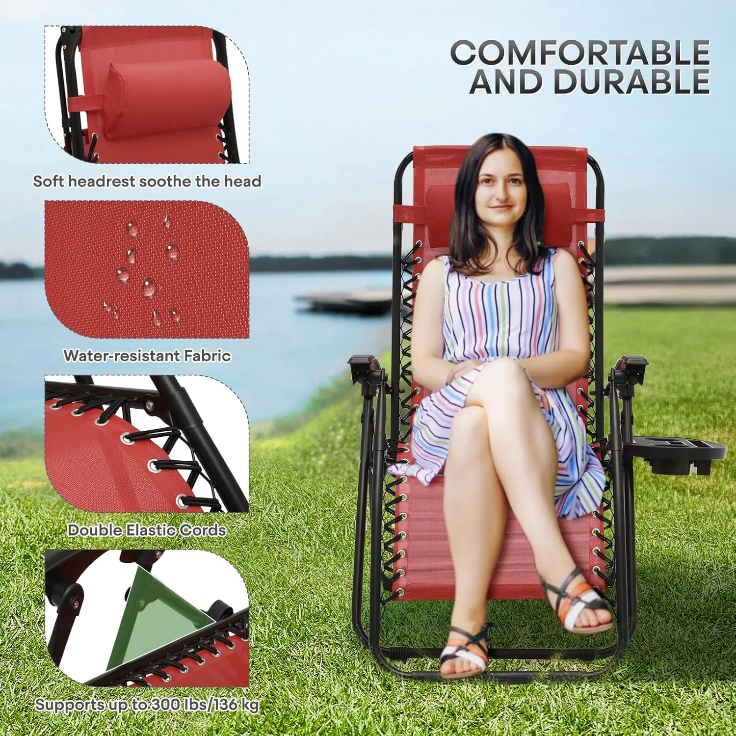 Athena Collection Zero Gravity Chair, Outdoor Lounge Chair with Adjustable Pillow and Cup Holder, Reclining Camping Chair for Outside Beach Lawn Garden Patio Poolside Set of 2- Maroon