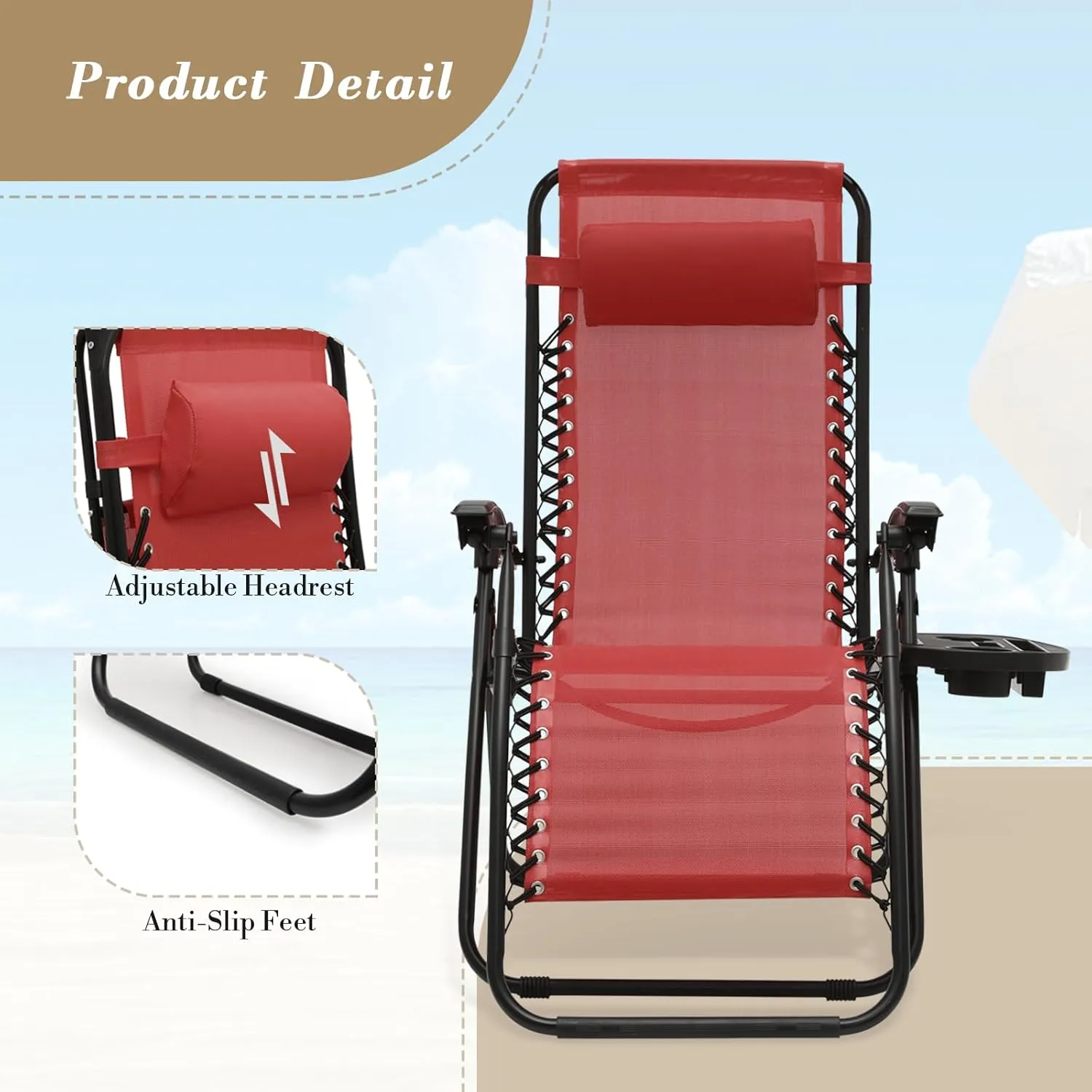 Athena Collection Zero Gravity Chair, Outdoor Lounge Chair with Adjustable Pillow and Cup Holder, Reclining Camping Chair for Outside Beach Lawn Garden Patio Poolside Set of 2- Maroon