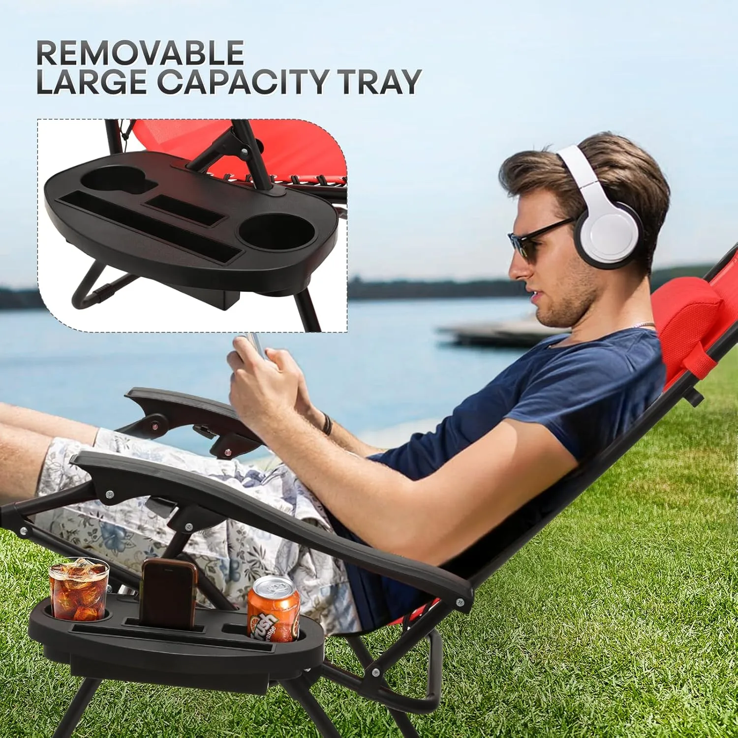 Athena Collection Zero Gravity Chair, Outdoor Lounge Chair with Adjustable Pillow and Cup Holder, Reclining Camping Chair for Outside Beach Lawn Garden Patio Poolside Set of 2-Red