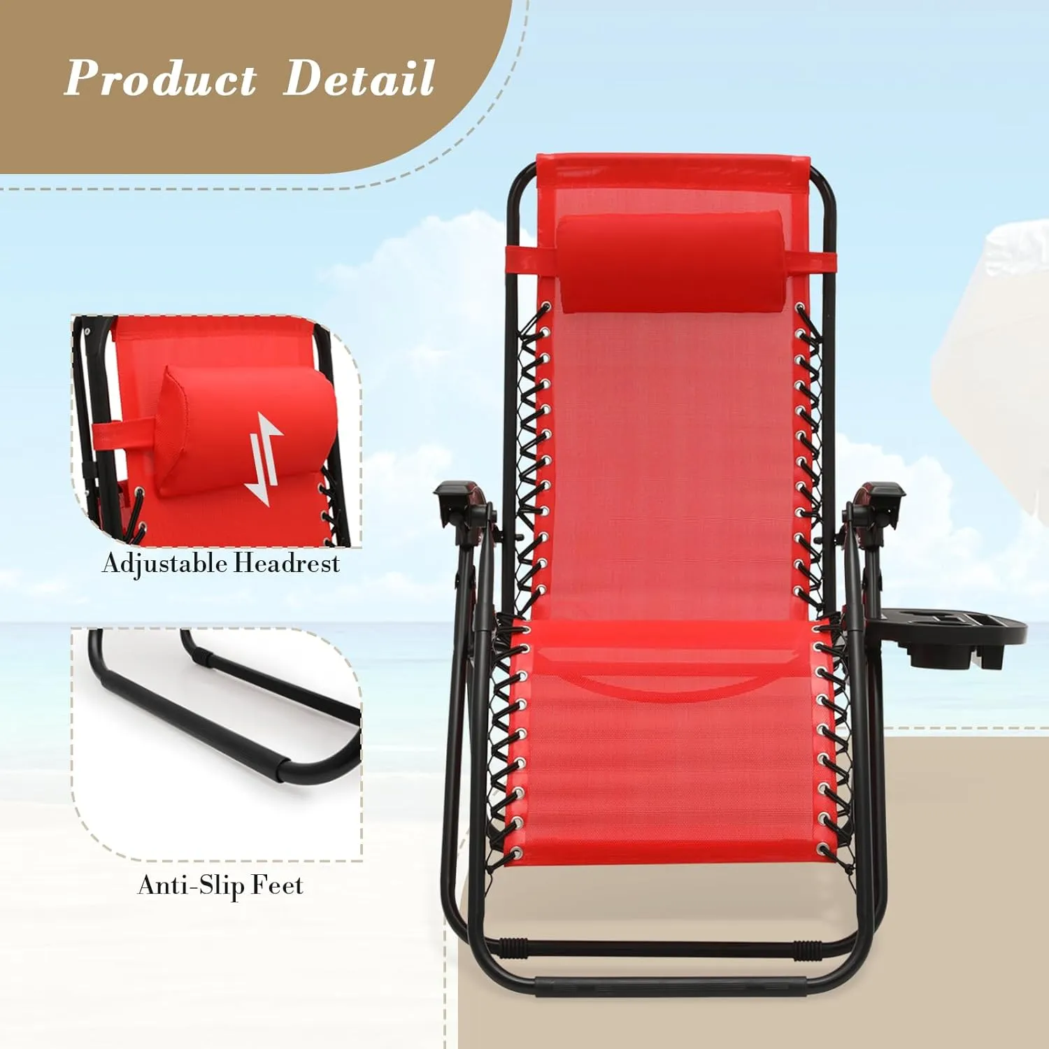 Athena Collection Zero Gravity Chair, Outdoor Lounge Chair with Adjustable Pillow and Cup Holder, Reclining Camping Chair for Outside Beach Lawn Garden Patio Poolside Set of 2-Red