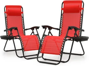 Athena Collection Zero Gravity Chair, Outdoor Lounge Chair with Adjustable Pillow and Cup Holder, Reclining Camping Chair for Outside Beach Lawn Garden Patio Poolside Set of 2-Red