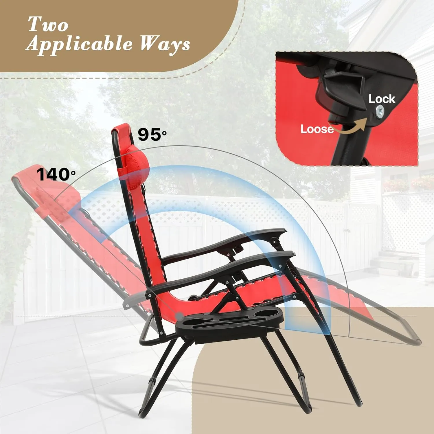 Athena Collection Zero Gravity Chair, Outdoor Lounge Chair with Adjustable Pillow and Cup Holder, Reclining Camping Chair for Outside Beach Lawn Garden Patio Poolside Set of 2-Red