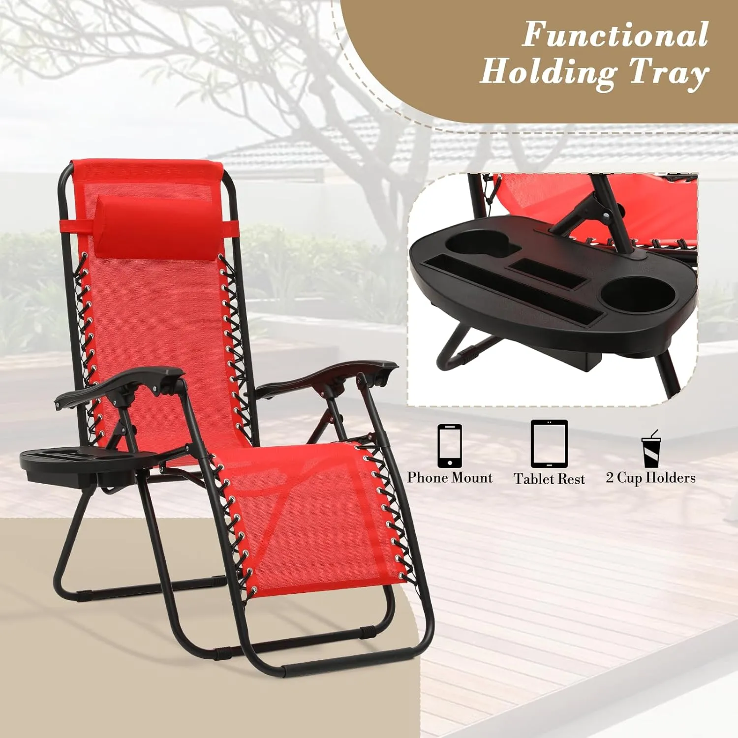 Athena Collection Zero Gravity Chair, Outdoor Lounge Chair with Adjustable Pillow and Cup Holder, Reclining Camping Chair for Outside Beach Lawn Garden Patio Poolside Set of 2-Red