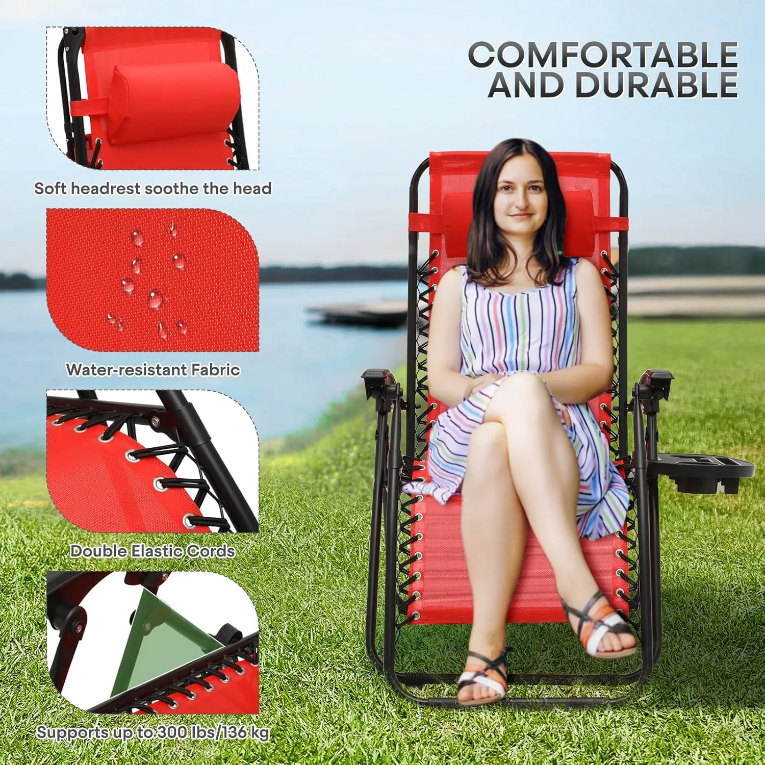 Athena Collection Zero Gravity Chair, Outdoor Lounge Chair with Adjustable Pillow and Cup Holder, Reclining Camping Chair for Outside Beach Lawn Garden Patio Poolside Set of 2-Red
