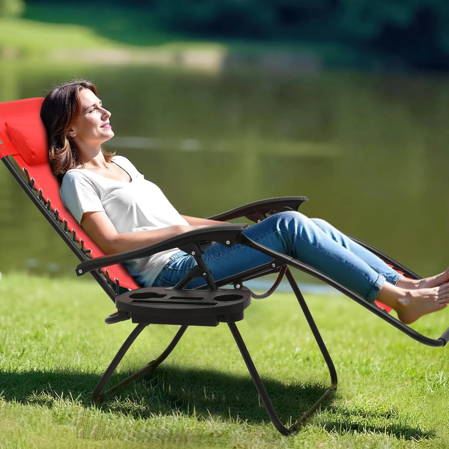 Athena Collection Zero Gravity Chair, Outdoor Lounge Chair with Adjustable Pillow and Cup Holder, Reclining Camping Chair for Outside Beach Lawn Garden Patio Poolside Set of 2-Red