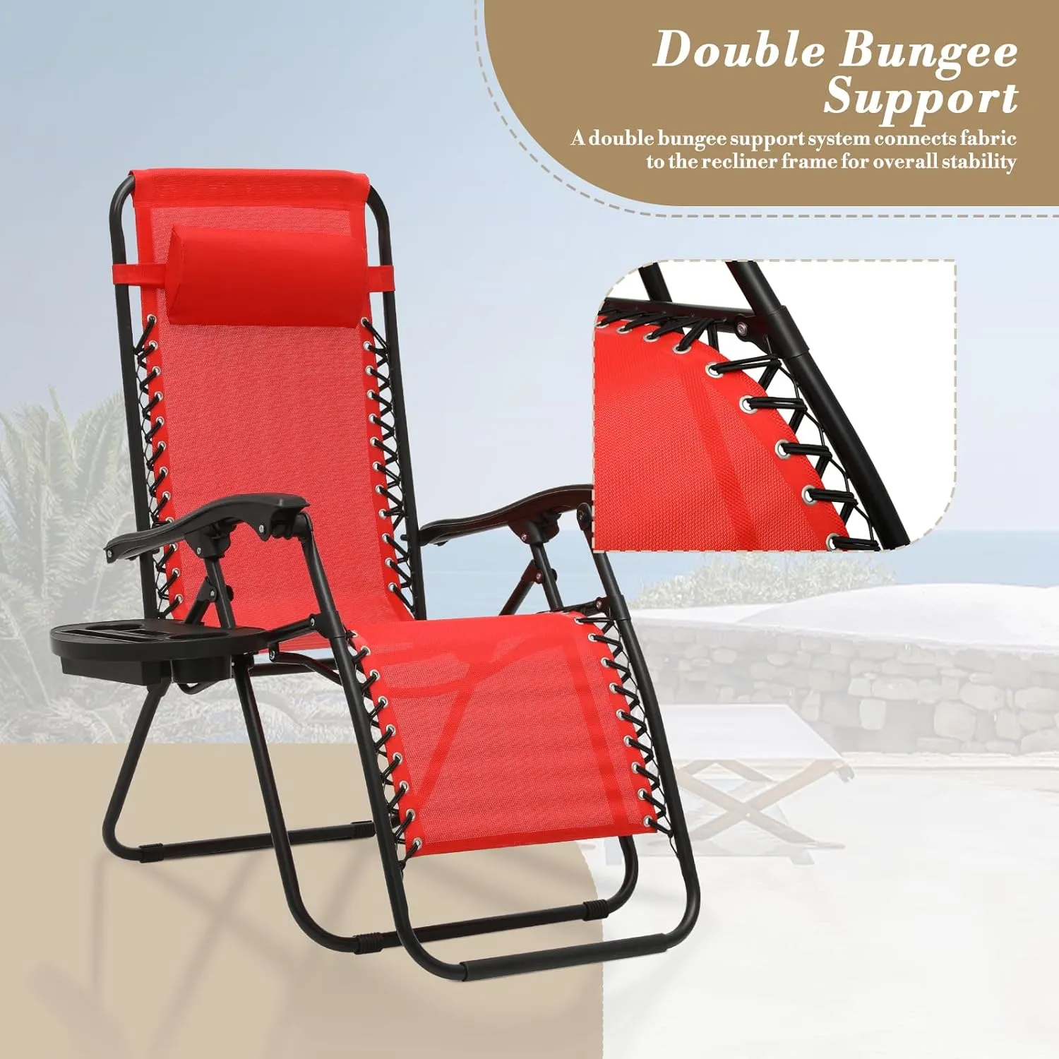Athena Collection Zero Gravity Chair, Outdoor Lounge Chair with Adjustable Pillow and Cup Holder, Reclining Camping Chair for Outside Beach Lawn Garden Patio Poolside Set of 2-Red