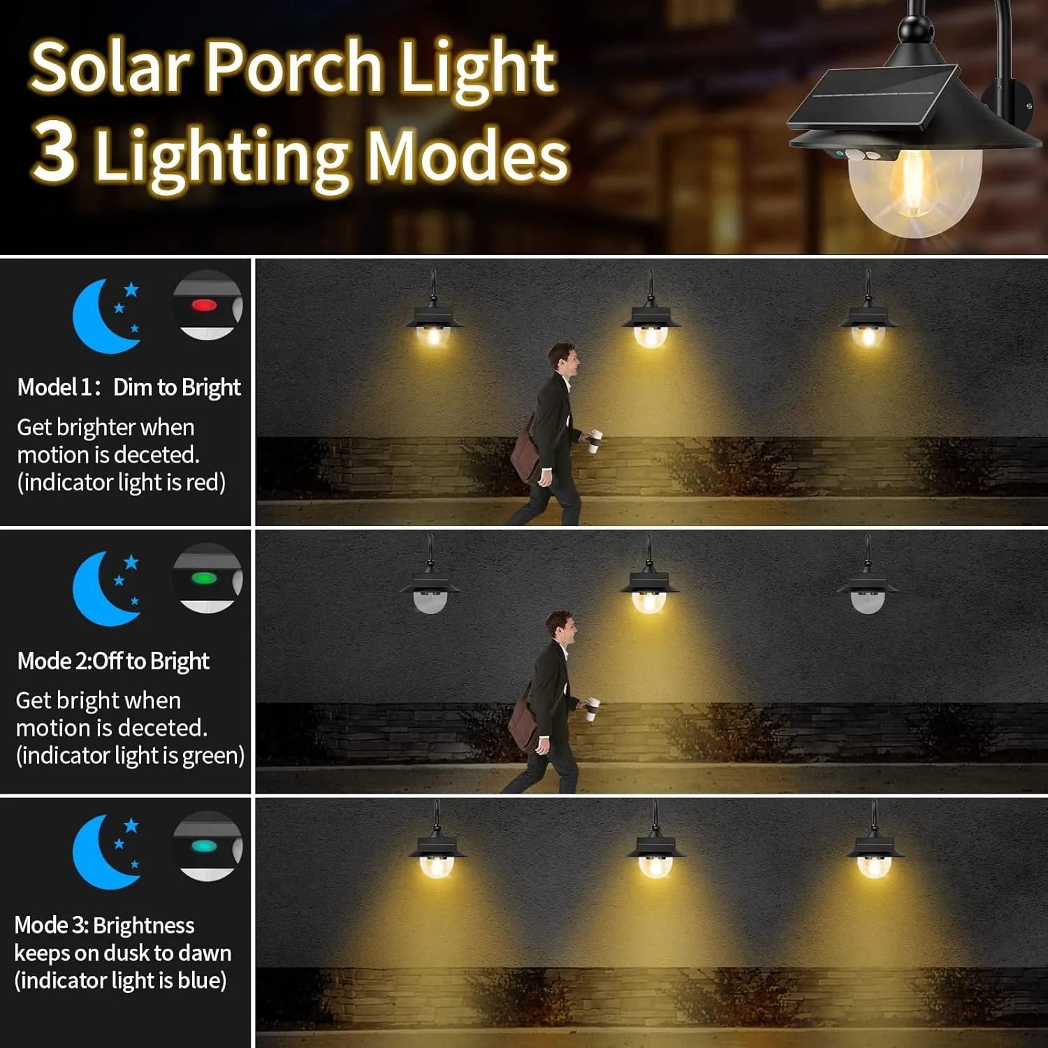 Auzev Solar Lantern Lights Outdoor Retro Solar Barn Light with 3 Lighting Modes & Motion Sensor, Wall Mount Waterproof Outside for Farmhouse, Patio, Garden, Shed and Courtyard (Black-1Pack)