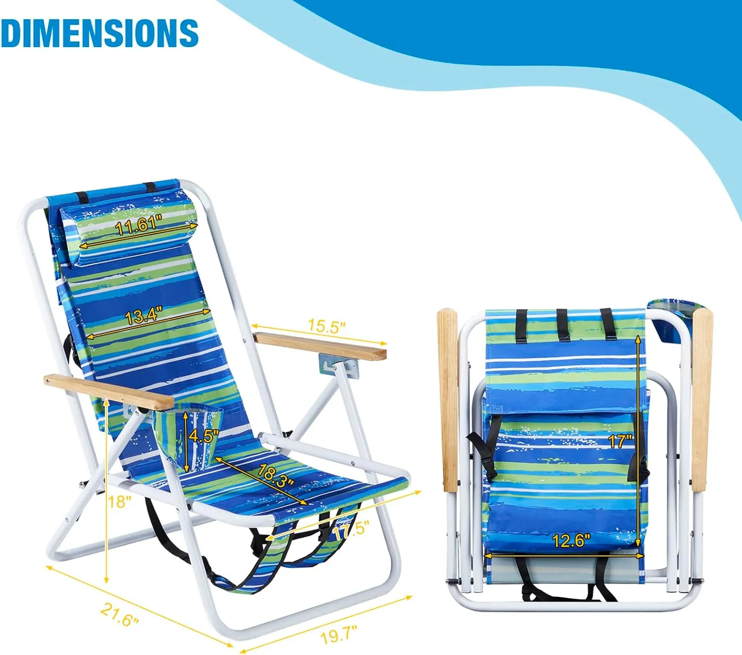 Backpack Beach Chairs for Adults,Folding 4 Position Reclining Camp Chair w/Headrest Cup Holder and Armrests,Collapsible Compact Lawn Chair for Outdoor,Travel,Supports 265lbs,2 Packs Blue Stripes