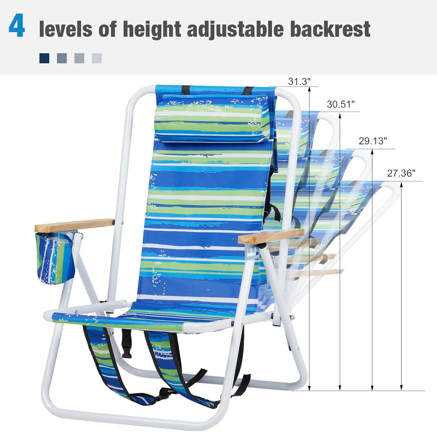 Backpack Beach Chairs for Adults,Folding 4 Position Reclining Camp Chair w/Headrest Cup Holder and Armrests,Collapsible Compact Lawn Chair for Outdoor,Travel,Supports 265lbs,2 Packs Blue Stripes