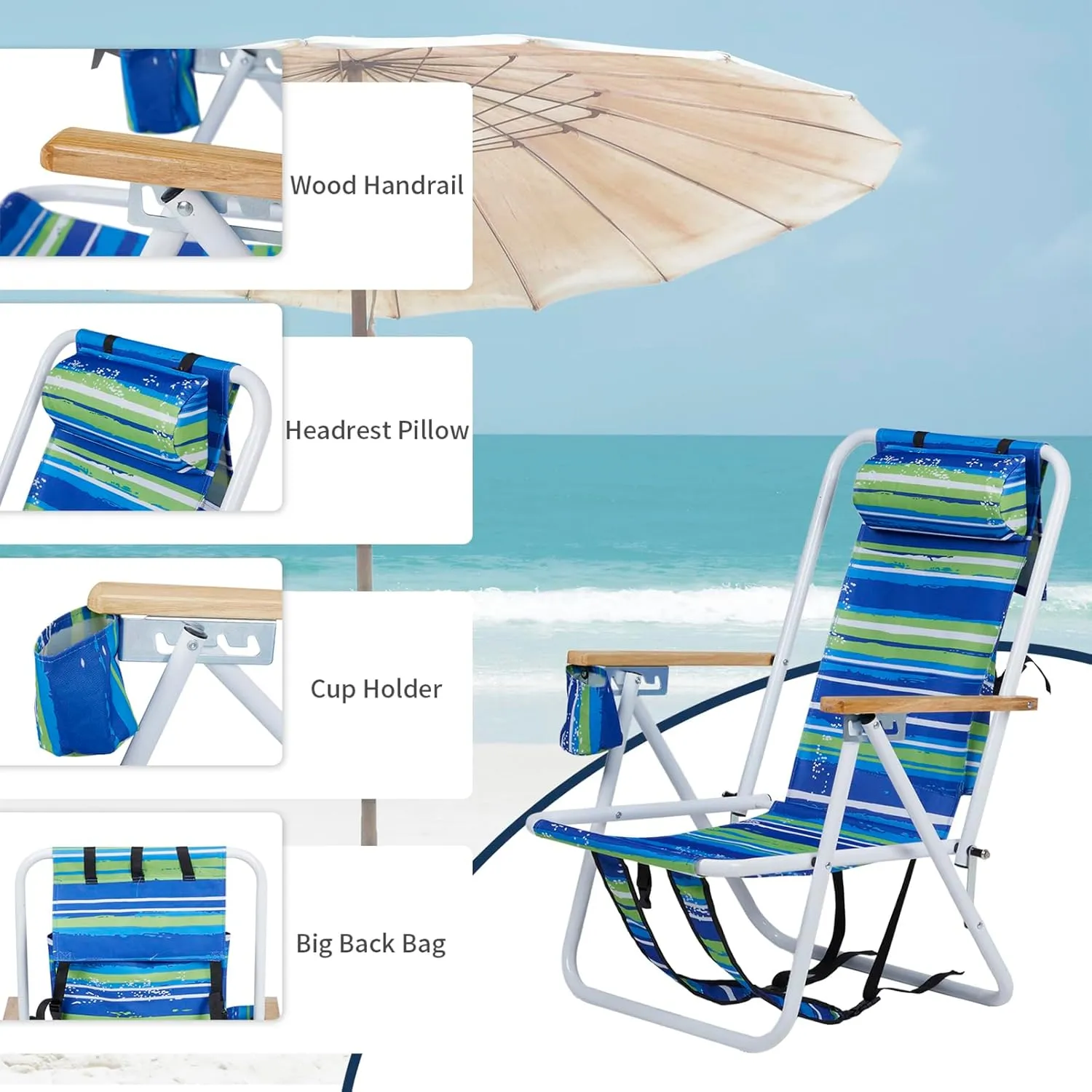 Backpack Beach Chairs for Adults,Folding 4 Position Reclining Camp Chair w/Headrest Cup Holder and Armrests,Collapsible Compact Lawn Chair for Outdoor,Travel,Supports 265lbs,2 Packs Blue Stripes