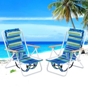 Backpack Beach Chairs for Adults,Folding 4 Position Reclining Camp Chair w/Headrest Cup Holder and Armrests,Collapsible Compact Lawn Chair for Outdoor,Travel,Supports 265lbs,2 Packs Blue Stripes