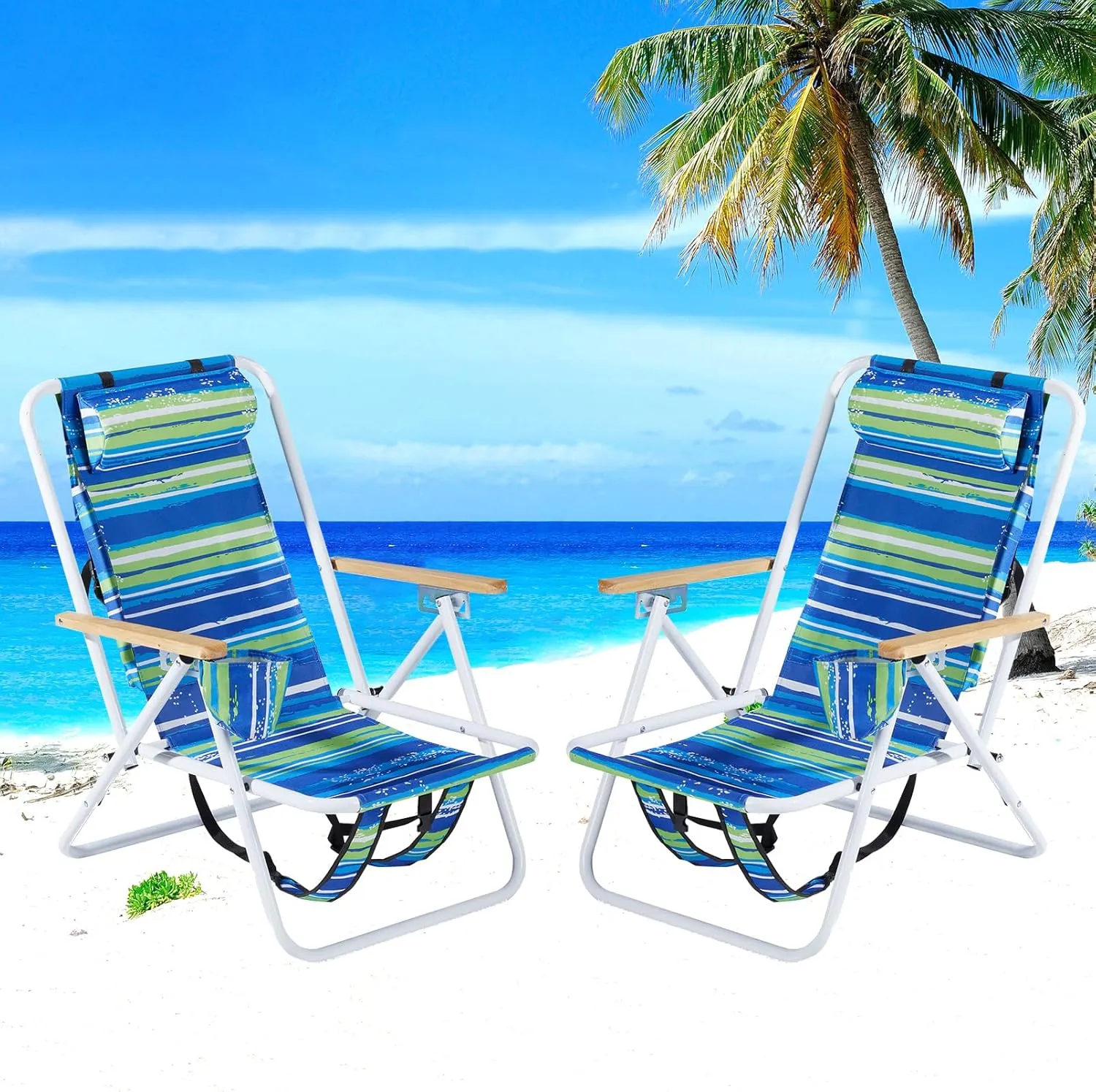 Backpack Beach Chairs for Adults,Folding 4 Position Reclining Camp Chair w/Headrest Cup Holder and Armrests,Collapsible Compact Lawn Chair for Outdoor,Travel,Supports 265lbs,2 Packs Blue Stripes