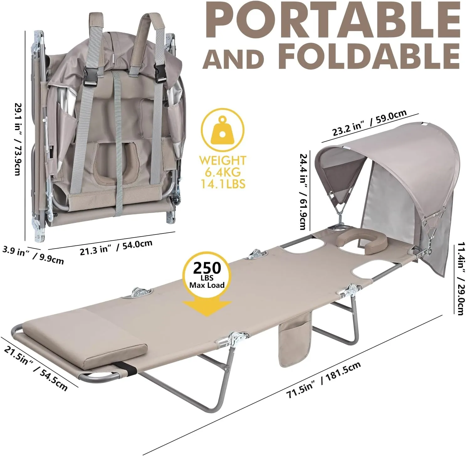 Backpack Beach Tanning Chair with Canopy Sun Shade & Face Hole, 6 Position Folding Lounge Sun Chair for Adults Outside Reading Sunbathing Poolside Camping Lawn, UPF 50 , 2 Pack, Patent Design