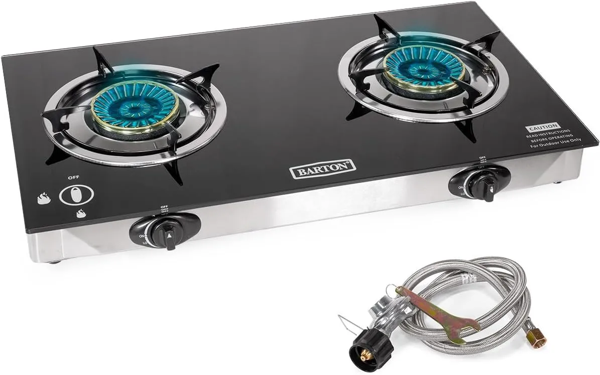 Barton Double Burner Stove w/Auto Ignition LPG Tempered Glass Outdoor Propane Portable Camping Cooktop Range 2-Burner Gas Burner