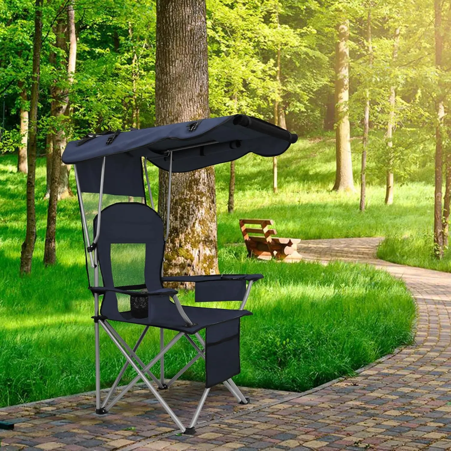 BDL Camping Chair with Canopy Shade Portable Folding Beach Chairs with Cooler, Mesh Backrest, Cup Holder, and Pocket for Camping, Fishing, Beach, and Sports