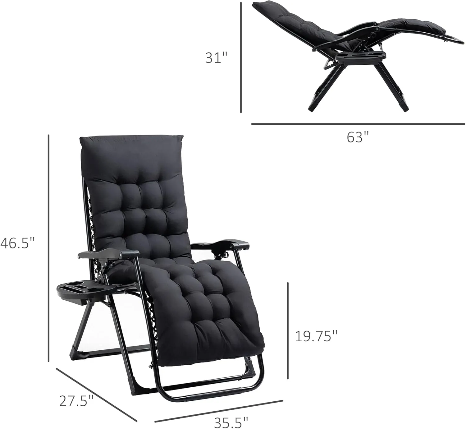 Beach-Camping Lounge-Chair Chaise-Outdoor Folding-Reclining - Recliner Adjustable Backrest with Cushion Side Tray Patio Poolside for Lawn Garden Porch Backyard (Black)