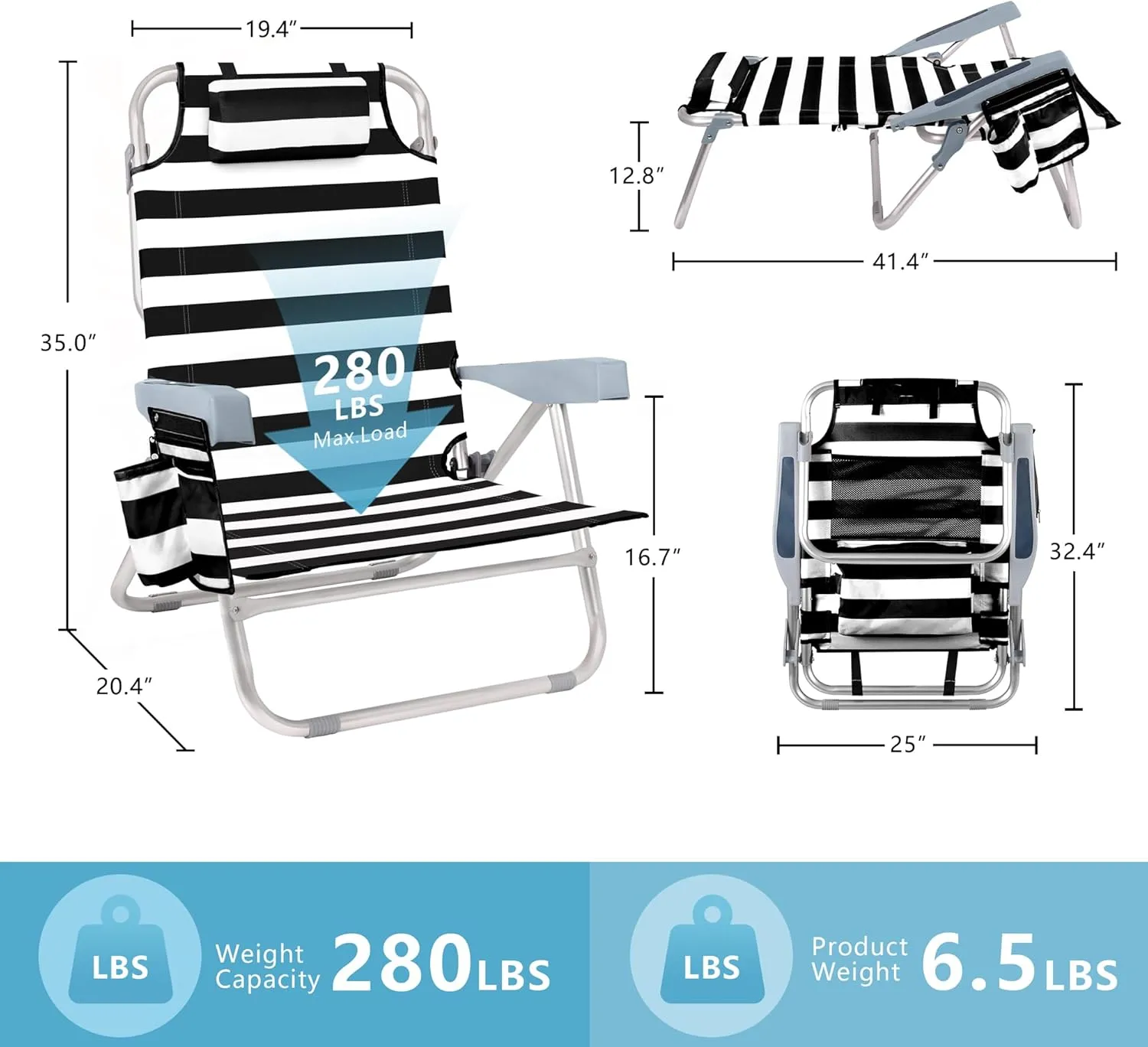 Beach Chair for Adults, 5 Position Lay Flat Backpack Beach Chair with Cooler, Cup Holder and Storage Bag, Portable Folding Heavy Duty Beach Lounger for Outdoor, Lawn, Camping, Festivals-Black Stripe