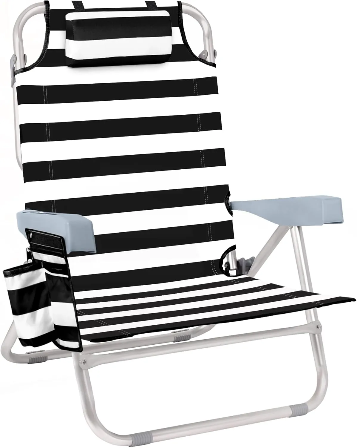 Beach Chair for Adults, 5 Position Lay Flat Backpack Beach Chair with Cooler, Cup Holder and Storage Bag, Portable Folding Heavy Duty Beach Lounger for Outdoor, Lawn, Camping, Festivals-Black Stripe