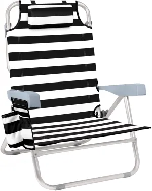 Beach Chair for Adults, 5 Position Lay Flat Backpack Beach Chair with Cooler, Cup Holder and Storage Bag, Portable Folding Heavy Duty Beach Lounger for Outdoor, Lawn, Camping, Festivals-Black Stripe