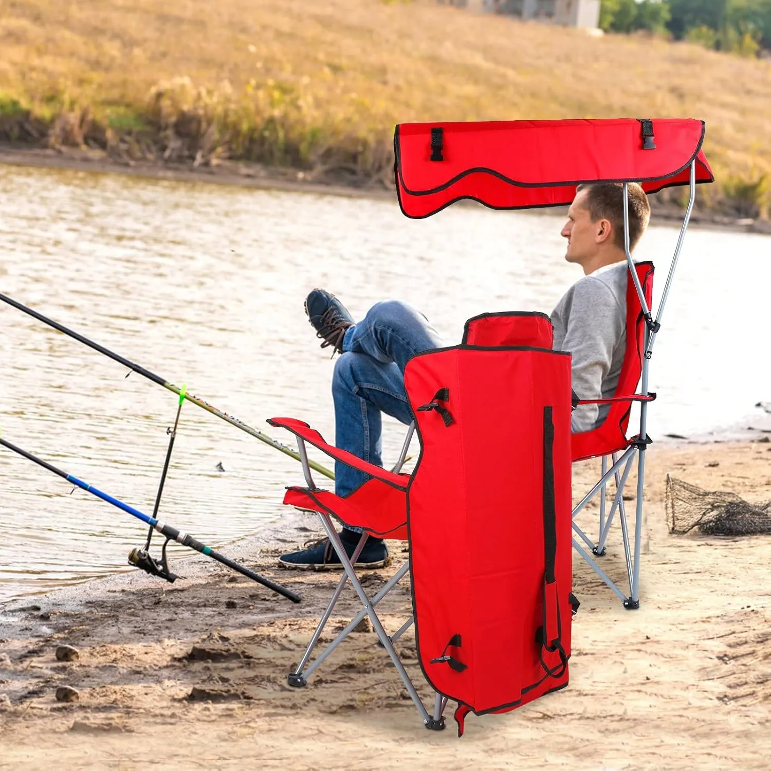 Beach Chair with Canopy Shade, Folding Lawn Chair with Unmbrella Cup Holder & Carry Bag, Portable Sunshade Chair for Adults for Outdoor Travel Hiking Fishing,(Red)