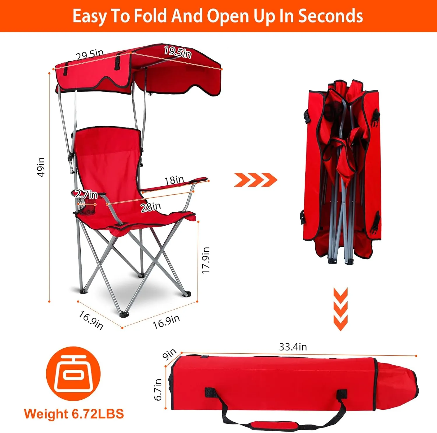 Beach Chair with Canopy Shade, Folding Lawn Chair with Unmbrella Cup Holder & Carry Bag, Portable Sunshade Chair for Adults for Outdoor Travel Hiking Fishing,(Red)