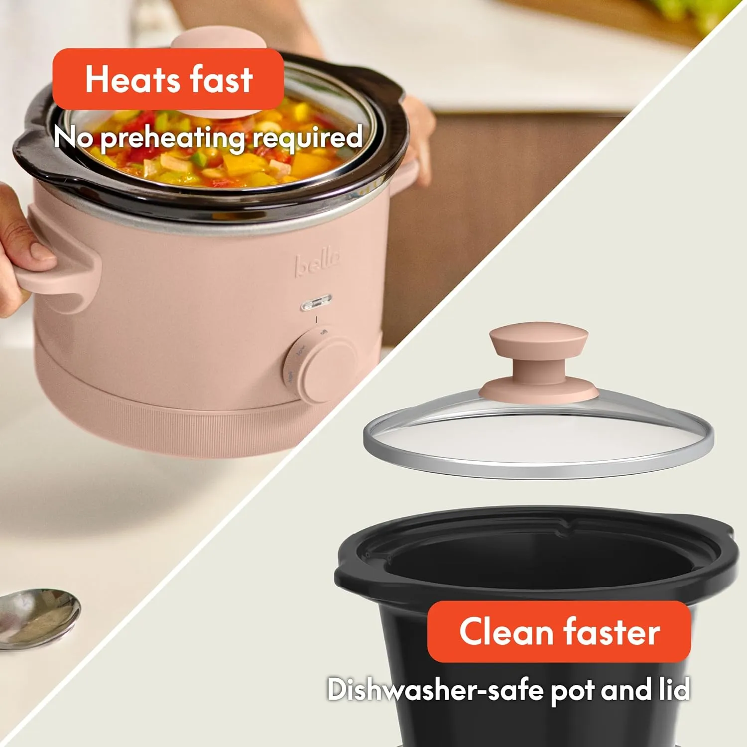 bella 1.5 Qt Slow Cooker with 3 Heat Manual Control, EverGood™ Ceramic Nonstick Coating, Dishwasher Safe Stoneware Pot and Tempered Glass Lid, Tangle Free Cord Wrap & Cool Touch Handles, Blossom
