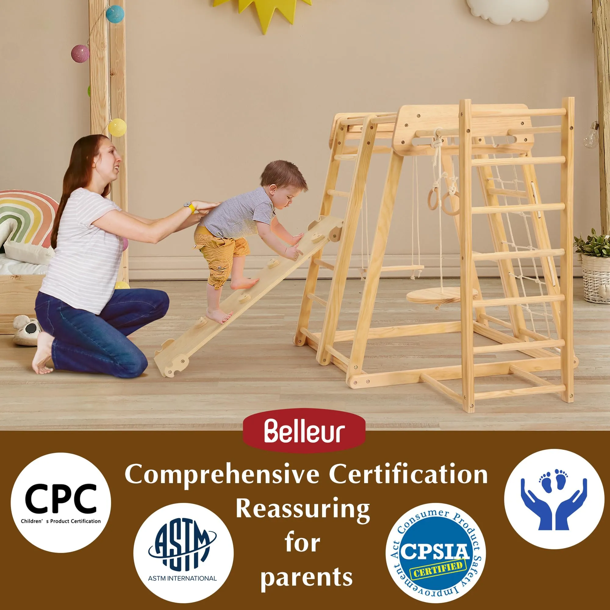 Belleur 8 in 1 Large Indoor Jungle Gym, Wooden Montessori Indoor Playground for Kids with Slide, Climbing Wall/Net, Rope Ladder, Monkey Bars, Swing, Hanging Ring, Climbing Toy for Toddler 2-8 Inside