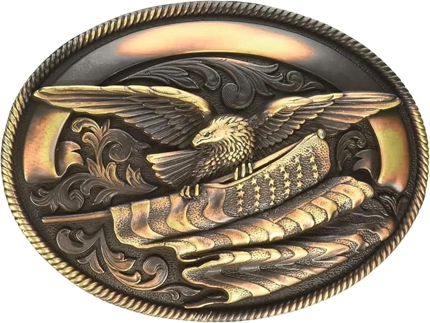 Belt Co. Men's Western Copper Rope Edge Oval Buckle with 3D Eagle and American Flag Motif, 3" x 4"