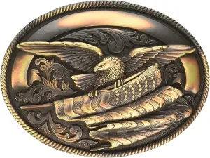 Belt Co. Men's Western Copper Rope Edge Oval Buckle with 3D Eagle and American Flag Motif, 3" x 4"