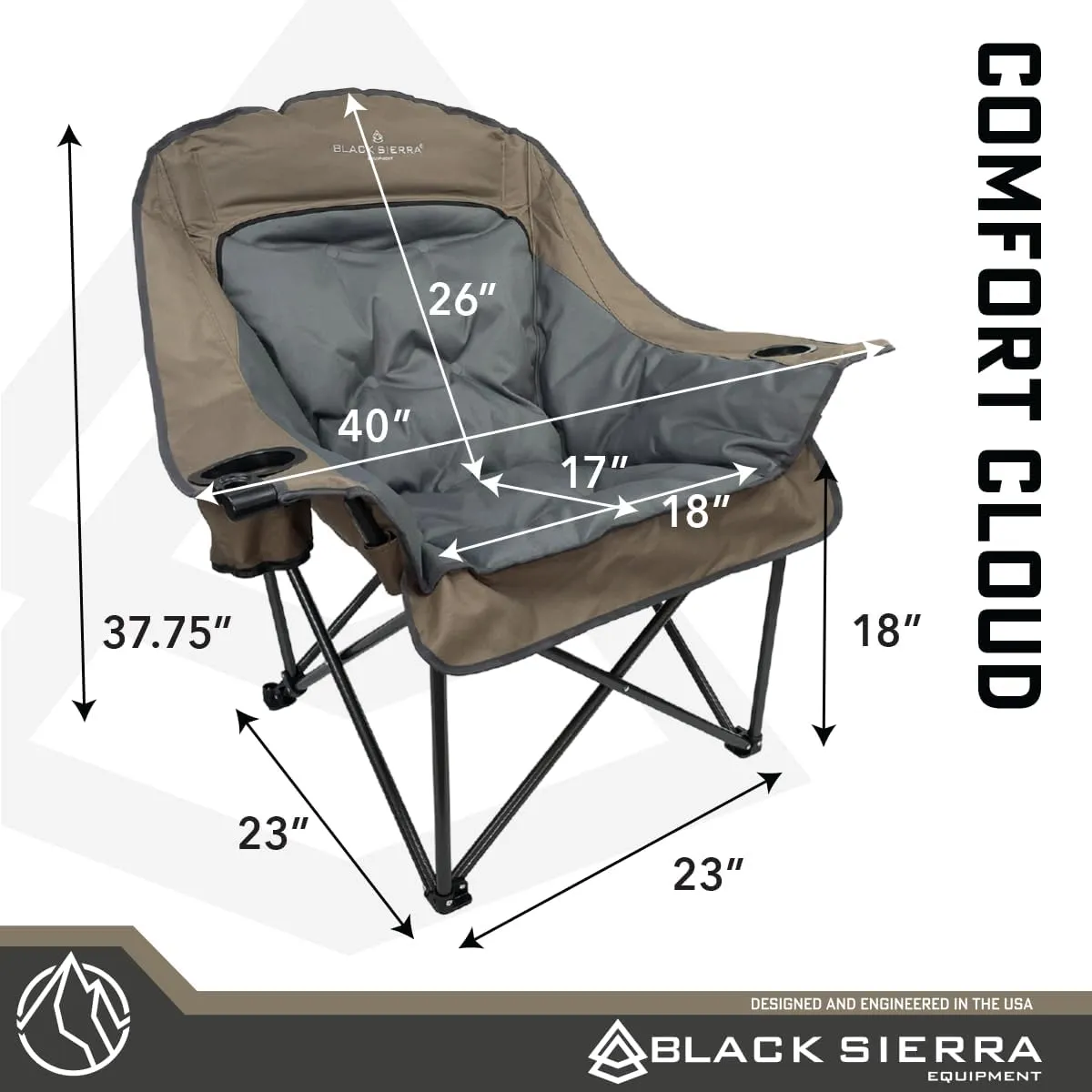 Black Sierra Oversized Camping Chair for Adults, Heavy Duty Outdoor Seat with Plush Padding, Supports 400lbs, Cup Holder & Carry Bag, Comfortable Folding Chair for Tailgating, Patio, & Sideline Events
