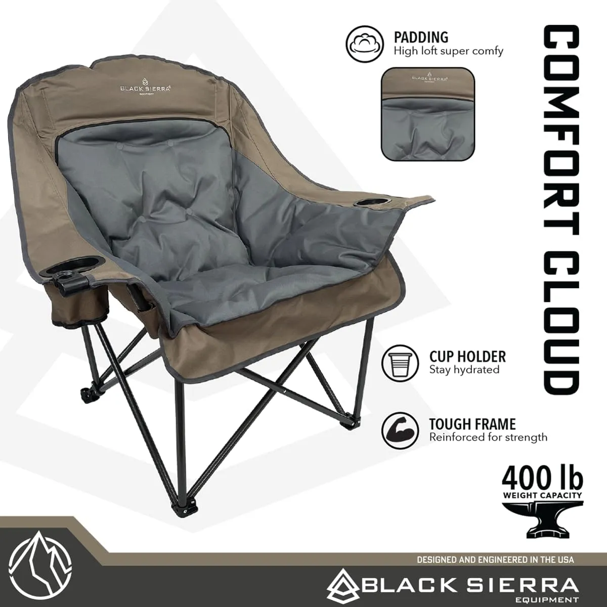 Black Sierra Oversized Camping Chair for Adults, Heavy Duty Outdoor Seat with Plush Padding, Supports 400lbs, Cup Holder & Carry Bag, Comfortable Folding Chair for Tailgating, Patio, & Sideline Events