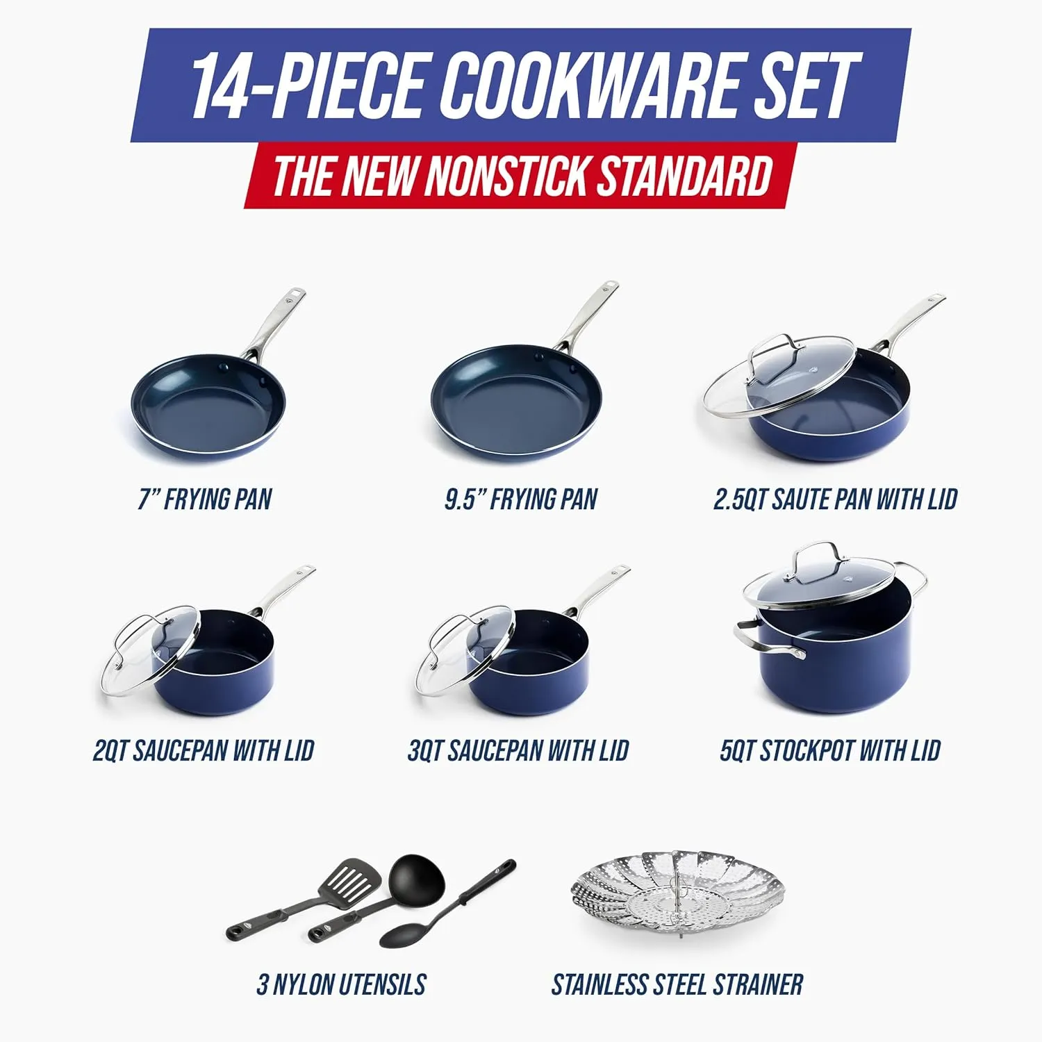 Blue Diamond 14 Piece Cookware Set, Diamond Infused PFAS & PFOA-Free Ceramic Nonstick Pots and Pans, Durable, Non Toxic, Metal Utensil Safe & Scratch Resistant, Dishwasher & Oven Safe, Blue