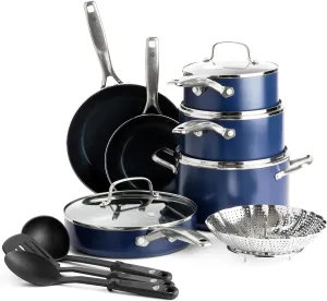 Blue Diamond 14 Piece Cookware Set, Diamond Infused PFAS & PFOA-Free Ceramic Nonstick Pots and Pans, Durable, Non Toxic, Metal Utensil Safe & Scratch Resistant, Dishwasher & Oven Safe, Blue