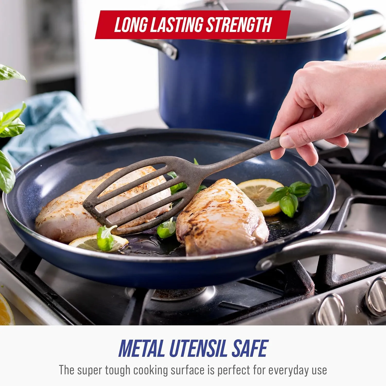Blue Diamond 14 Piece Cookware Set, Diamond Infused PFAS & PFOA-Free Ceramic Nonstick Pots and Pans, Durable, Non Toxic, Metal Utensil Safe & Scratch Resistant, Dishwasher & Oven Safe, Blue