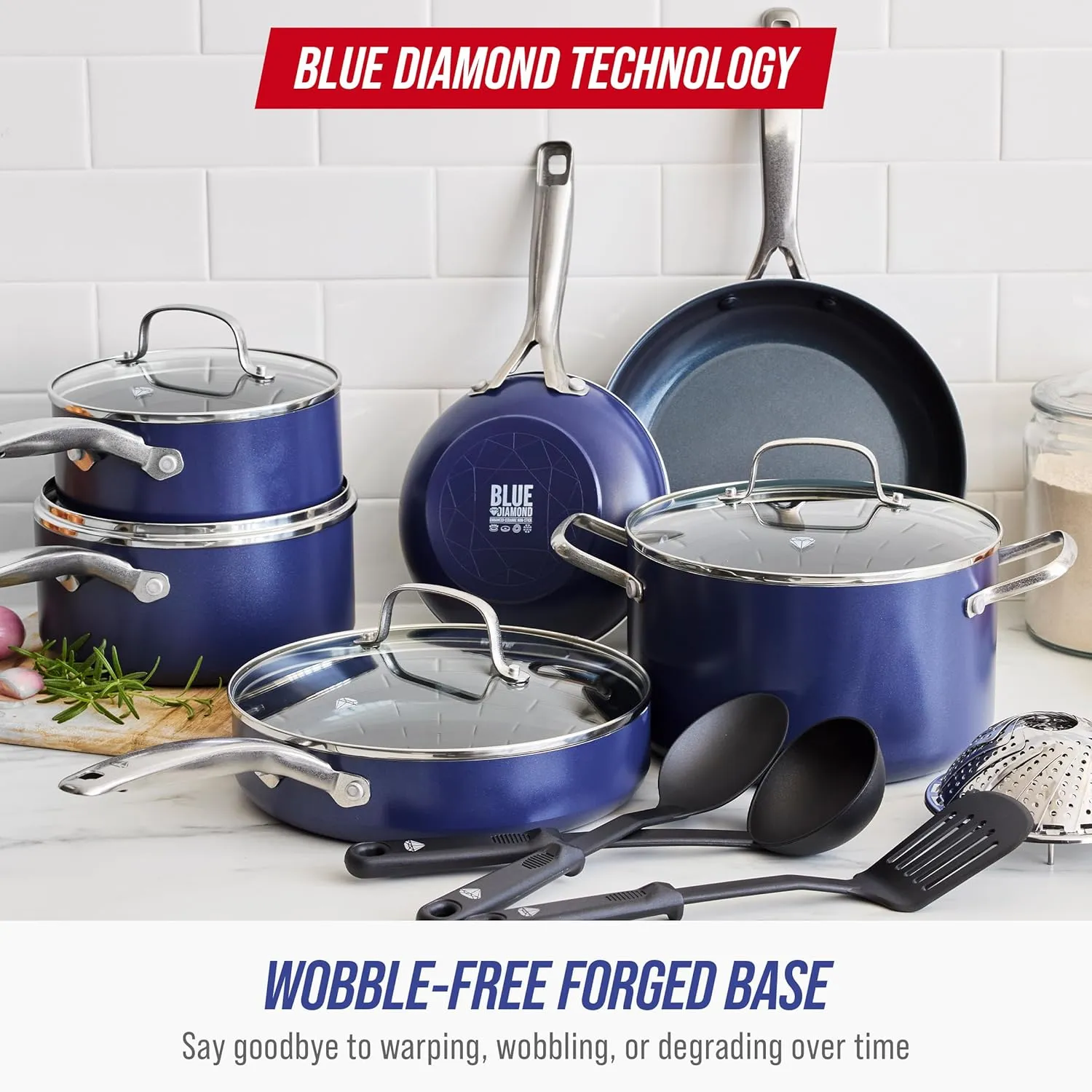Blue Diamond 14 Piece Cookware Set, Diamond Infused PFAS & PFOA-Free Ceramic Nonstick Pots and Pans, Durable, Non Toxic, Metal Utensil Safe & Scratch Resistant, Dishwasher & Oven Safe, Blue