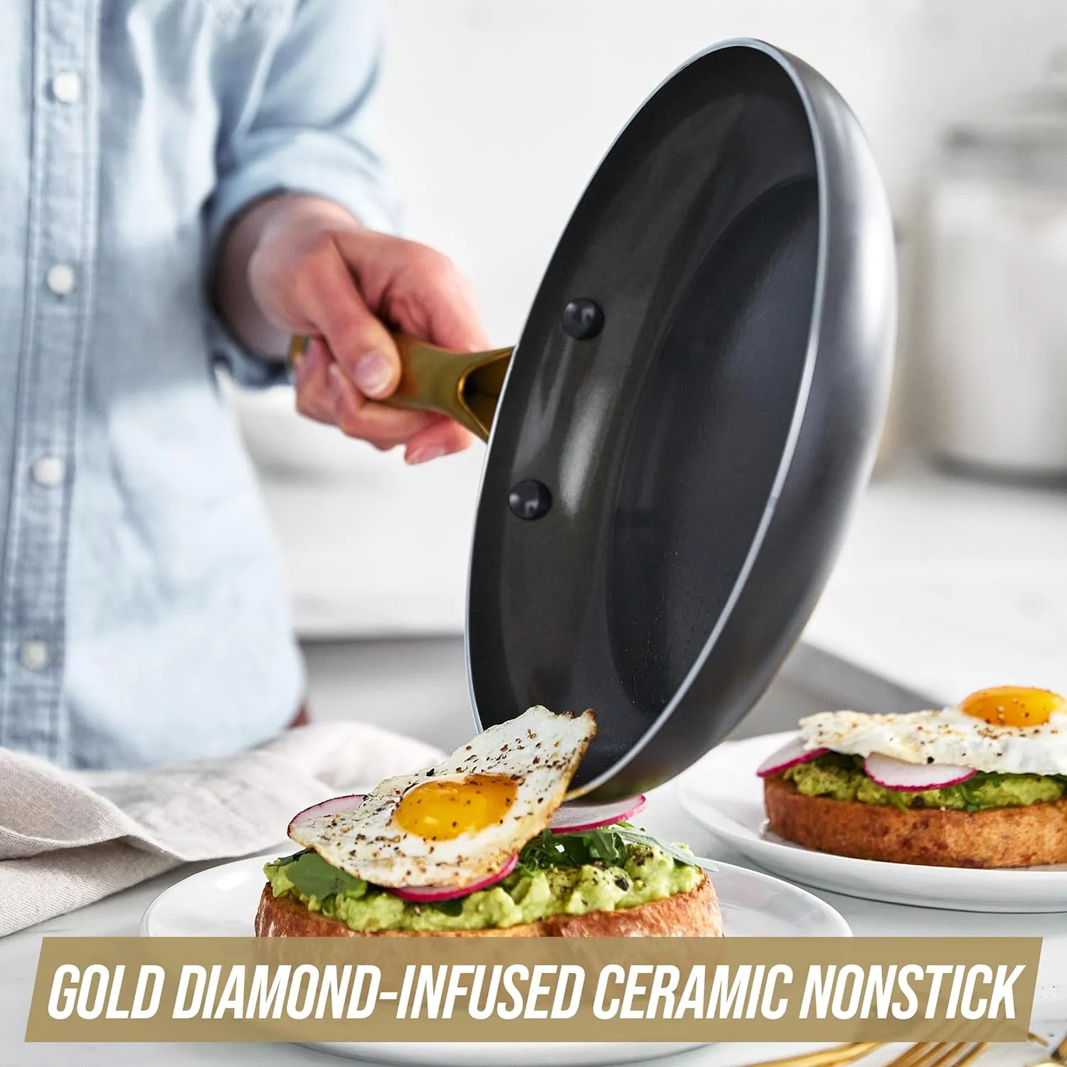 Blue Diamond Gold, 8" Nonstick Frying Pan Skillet, Diamond Infused PFAS & PTFE-Free Ceramic Pot, Induction, Dishwasher & Oven Safe, Durable Non Toxic Metal Utensil Safe, Egg & Omelet Pan, Black