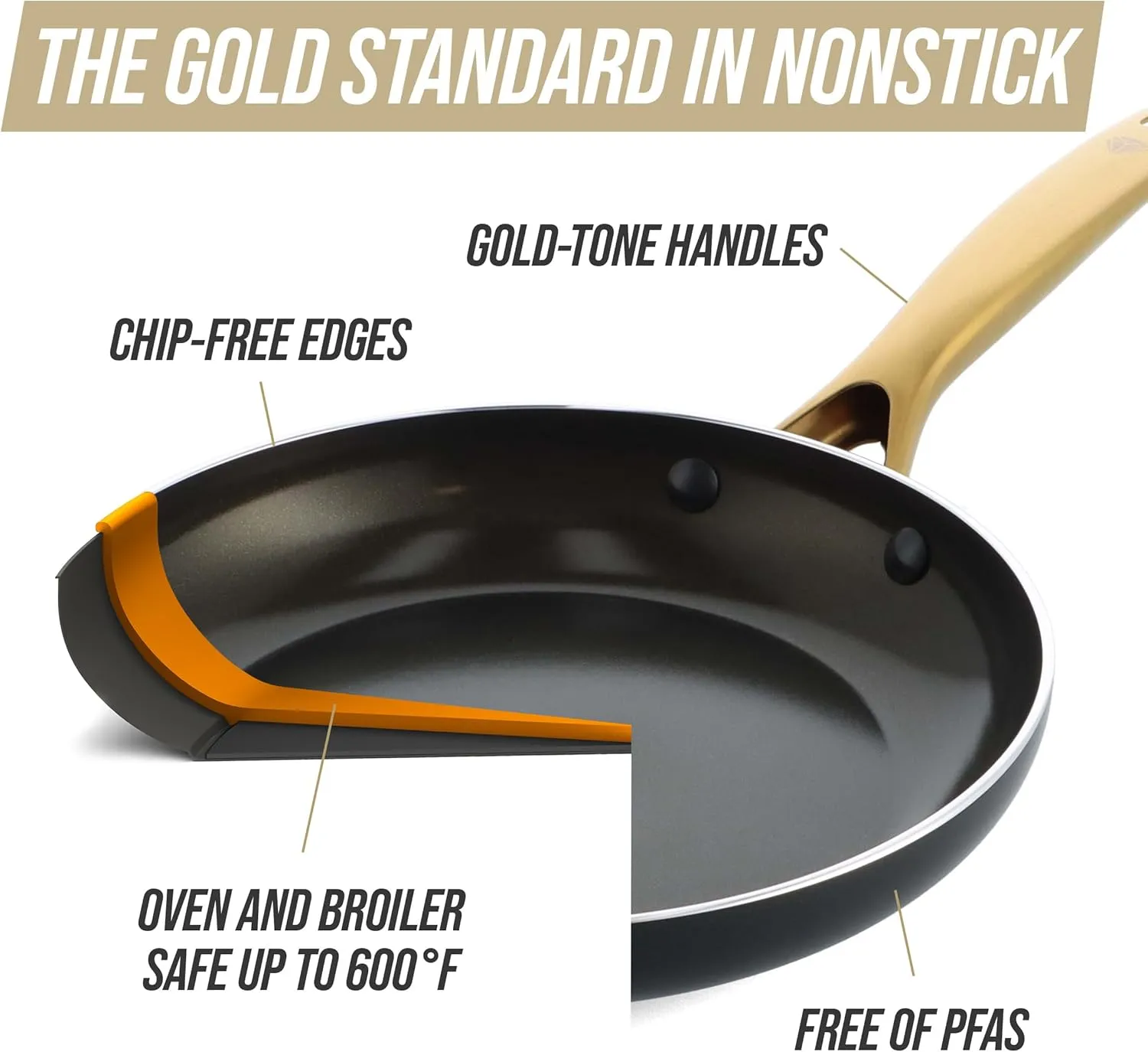 Blue Diamond Gold, 8" Nonstick Frying Pan Skillet, Diamond Infused PFAS & PTFE-Free Ceramic Pot, Induction, Dishwasher & Oven Safe, Durable Non Toxic Metal Utensil Safe, Egg & Omelet Pan, Black