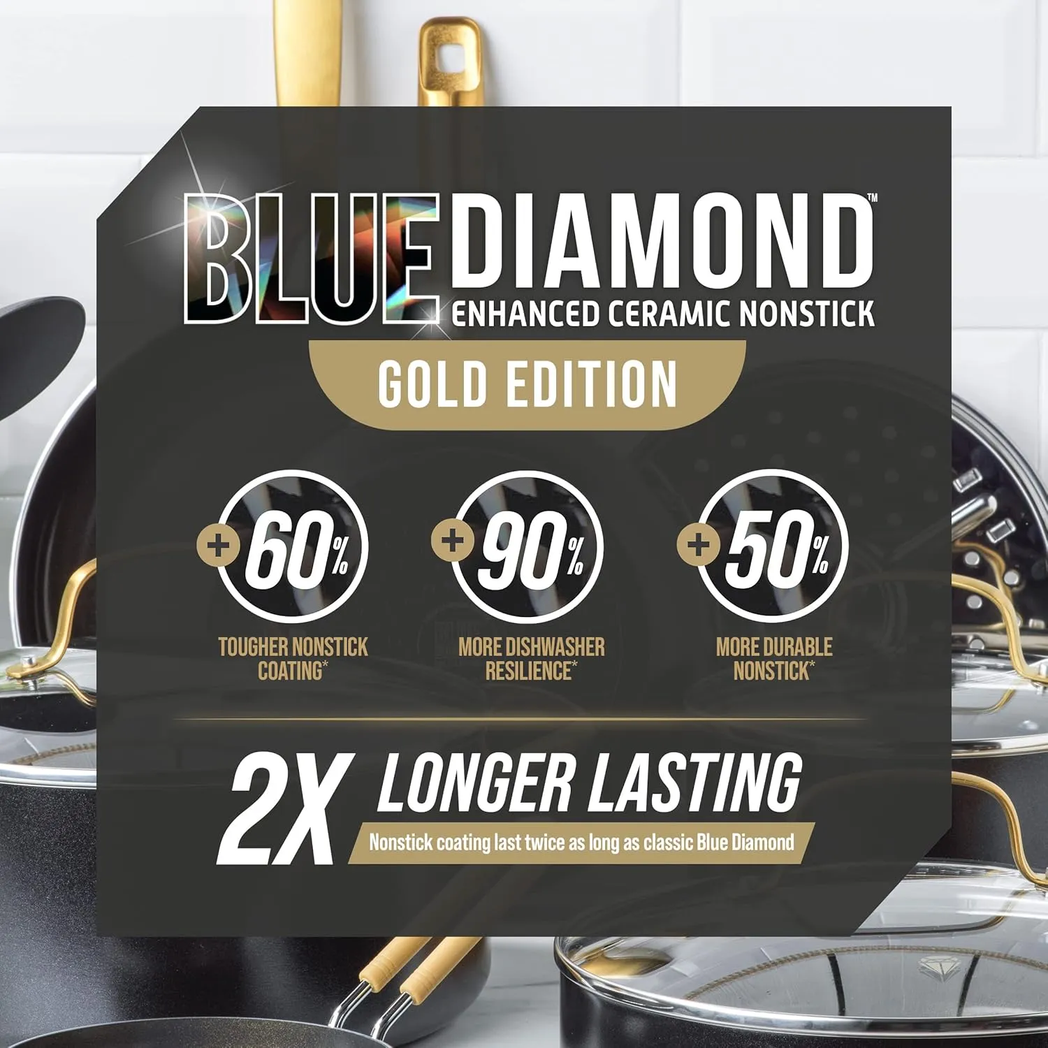 Blue Diamond Gold, 8" Nonstick Frying Pan Skillet, Diamond Infused PFAS & PTFE-Free Ceramic Pot, Induction, Dishwasher & Oven Safe, Durable Non Toxic Metal Utensil Safe, Egg & Omelet Pan, Black
