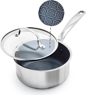 Blue Diamond Hybrid Nonstick Stainless Steel 1.57QT Saucepan with Glass Lid, PFAS-Free Ceramic Diamond Surface Pot, Dishwasher Safe, Stay-Cool Handle, Induction Ready, Compatible with All Cooktops