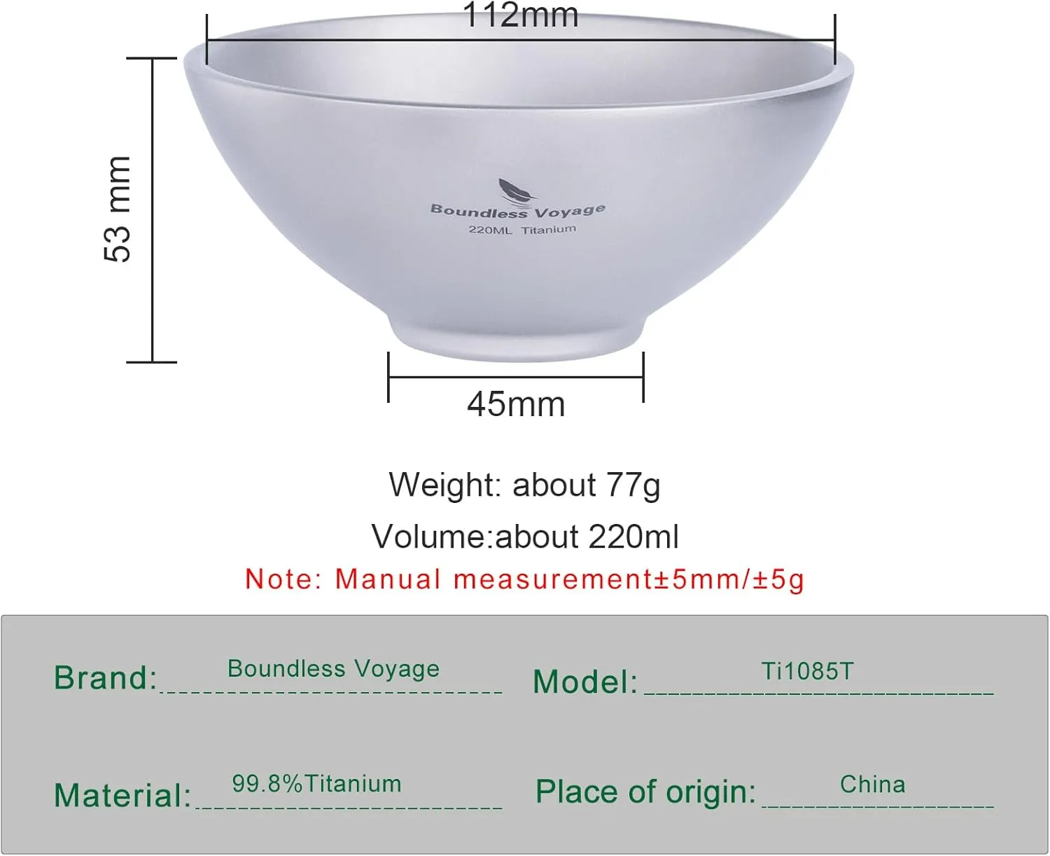 Boundless Voyage 220ml Titanium Double Walled Food Bowl for Adult Children Ultralight Portable Soup Rice Bowl Outdoor Camping Metal Durable Tableware Ti1085T